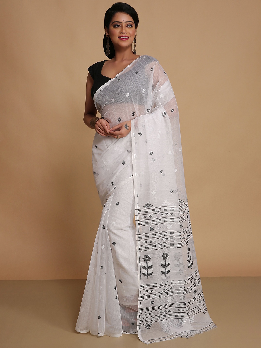 

BENGAL HANDLOOM Woven Design Jamdani Saree, White