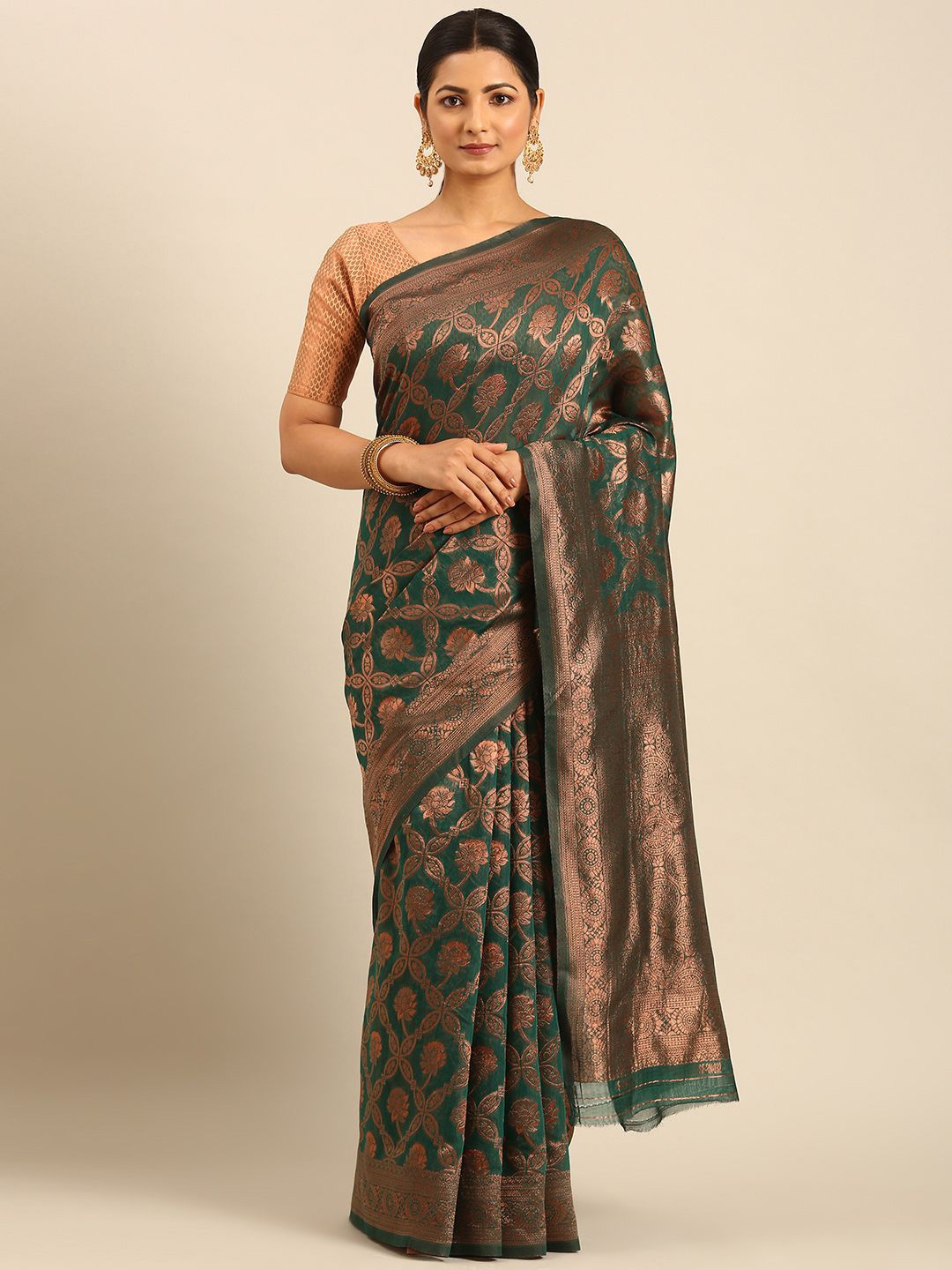 

Fashion Petals Woven Design Zari Saree, Green