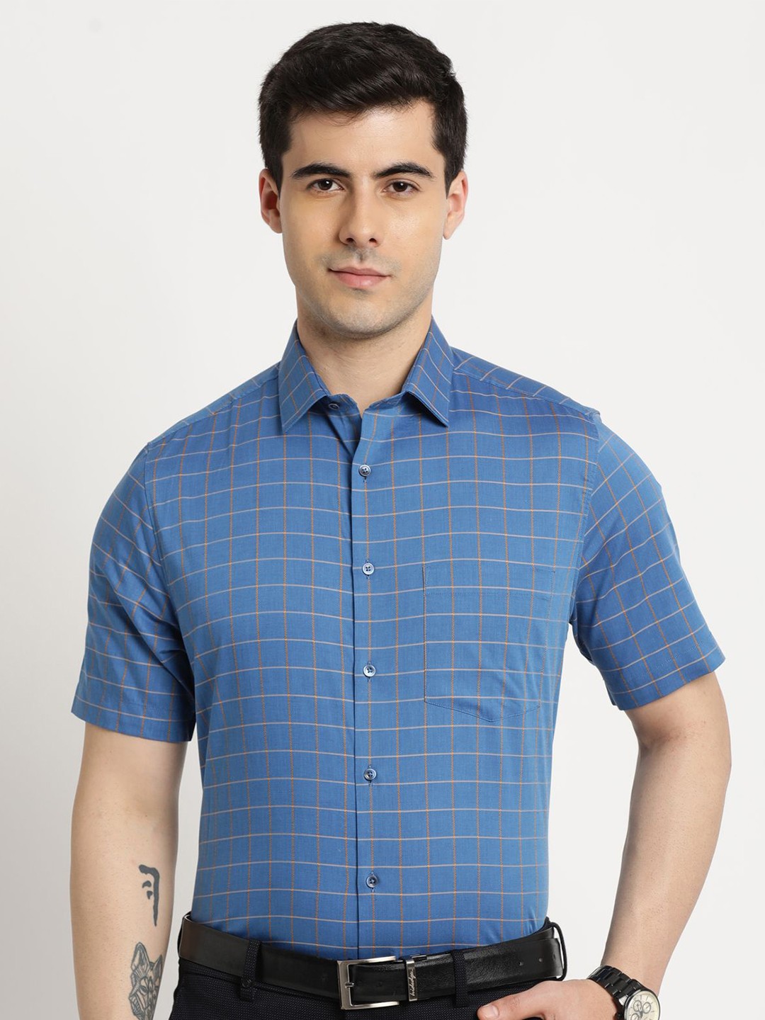 

Turtle Men Standard Spread Collar Gingham Checked Cotton Formal Shirt, Blue