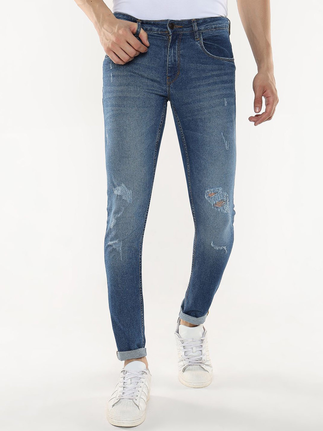 

R&B Men Skinny Fit Mid-Rise Mildly Distressed Heavy Fade Jeans, Blue