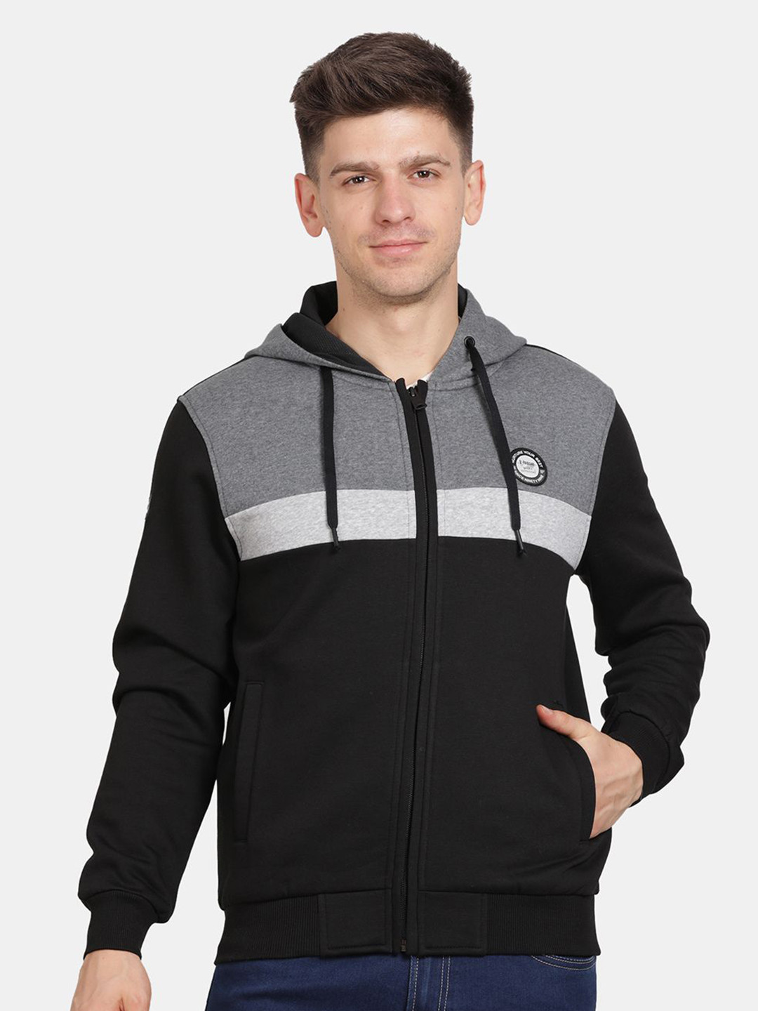 

t-base Men Colourblocked Hooded Sweatshirt, Black