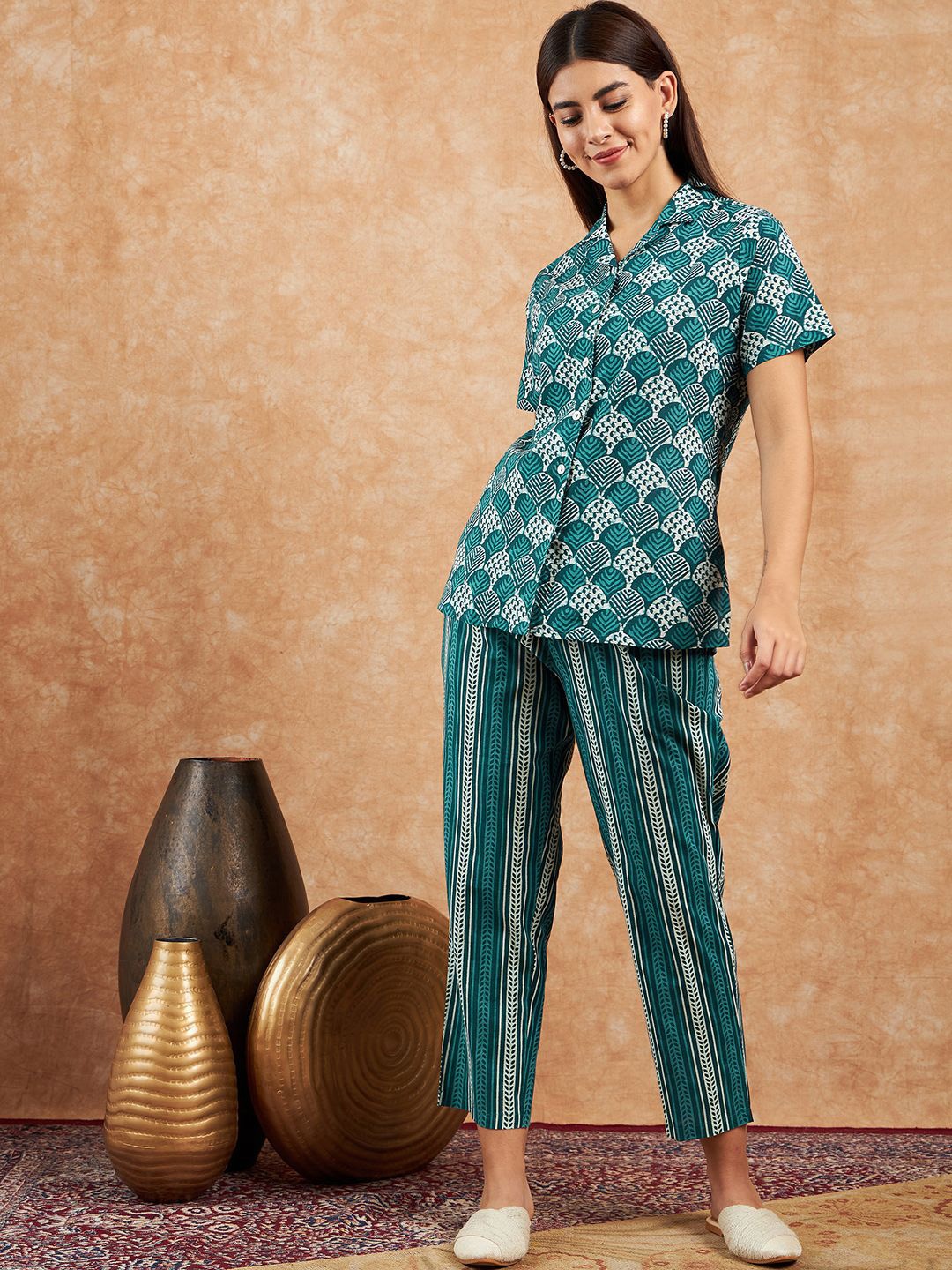 

Modeve Women Printed Shirt and Trouser Co-Ords Set, Teal