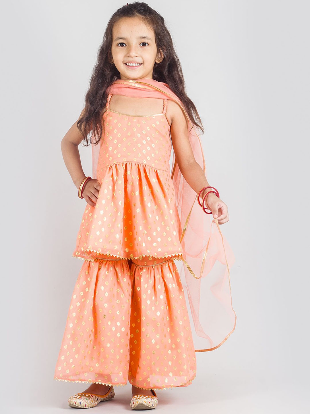 

Tangerine Closet Girls Ethnic Motifs Gotta Patti Anarkali Kurti with Sharara & Dupatta, Peach