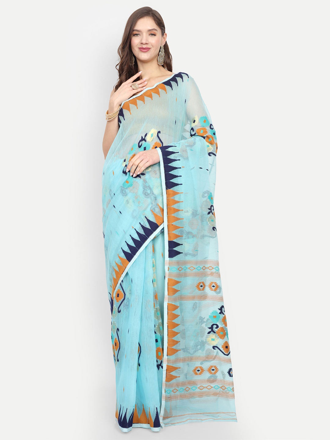 

BENGAL HANDLOOM Women Woven Design Taant Saree, Turquoise blue