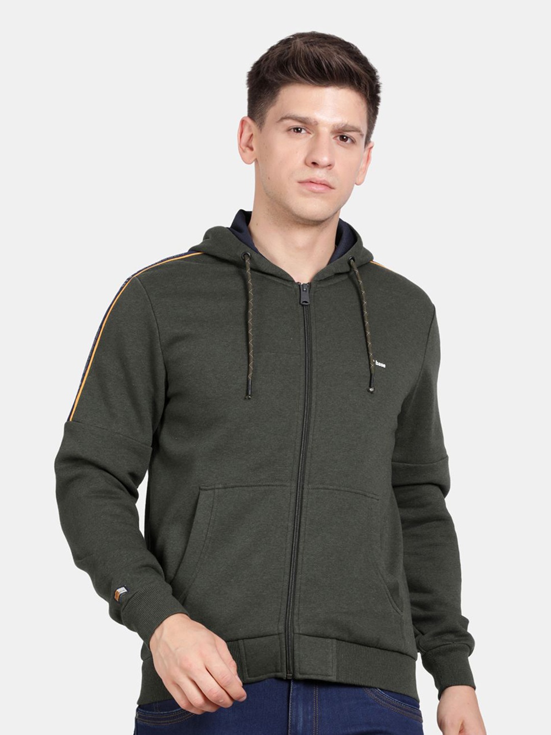 

t-base Men Typography Printed Zip Detail Hooded Sweatshirt, Olive