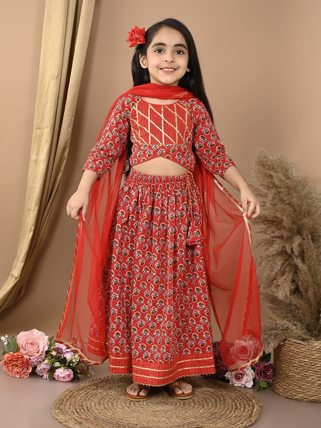 

Here&Now X Kinder Kids Girls Printed Cotton Ready to Wear Lehenga & Blouse With Dupatta, Red