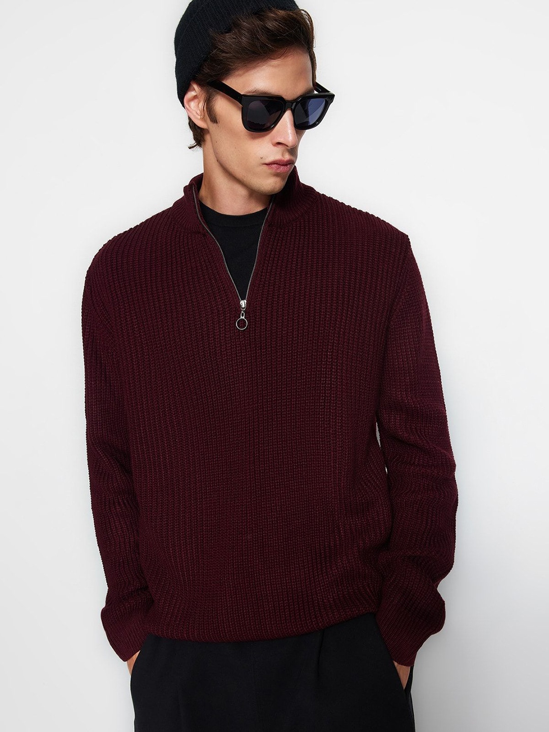 

Trendyol Men Self Design High Neck Acrylic Sweatshirt, Maroon