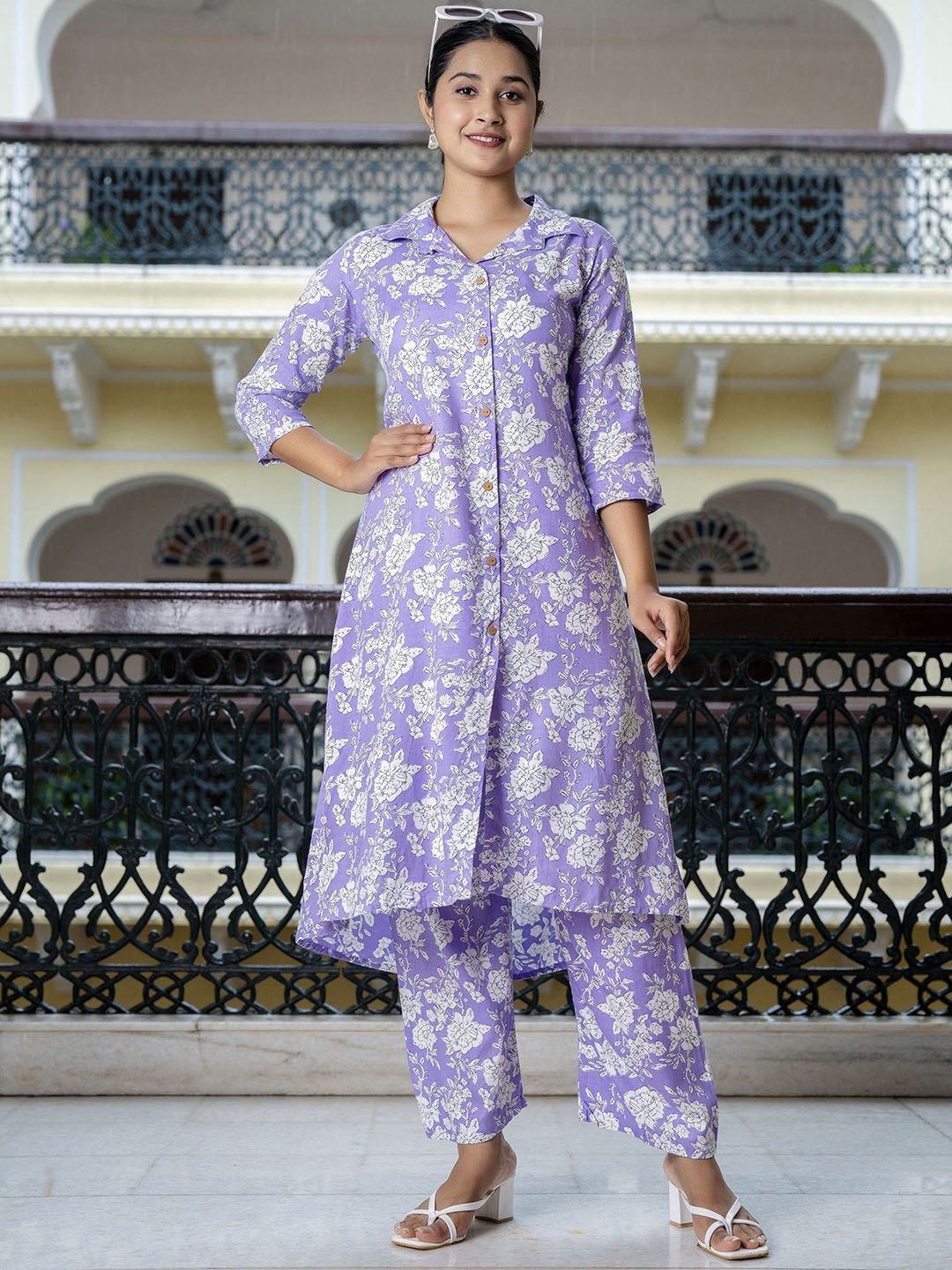 

HIVDO Floral Printed Pure Cotton A-Line Kurta with Trousers, Purple