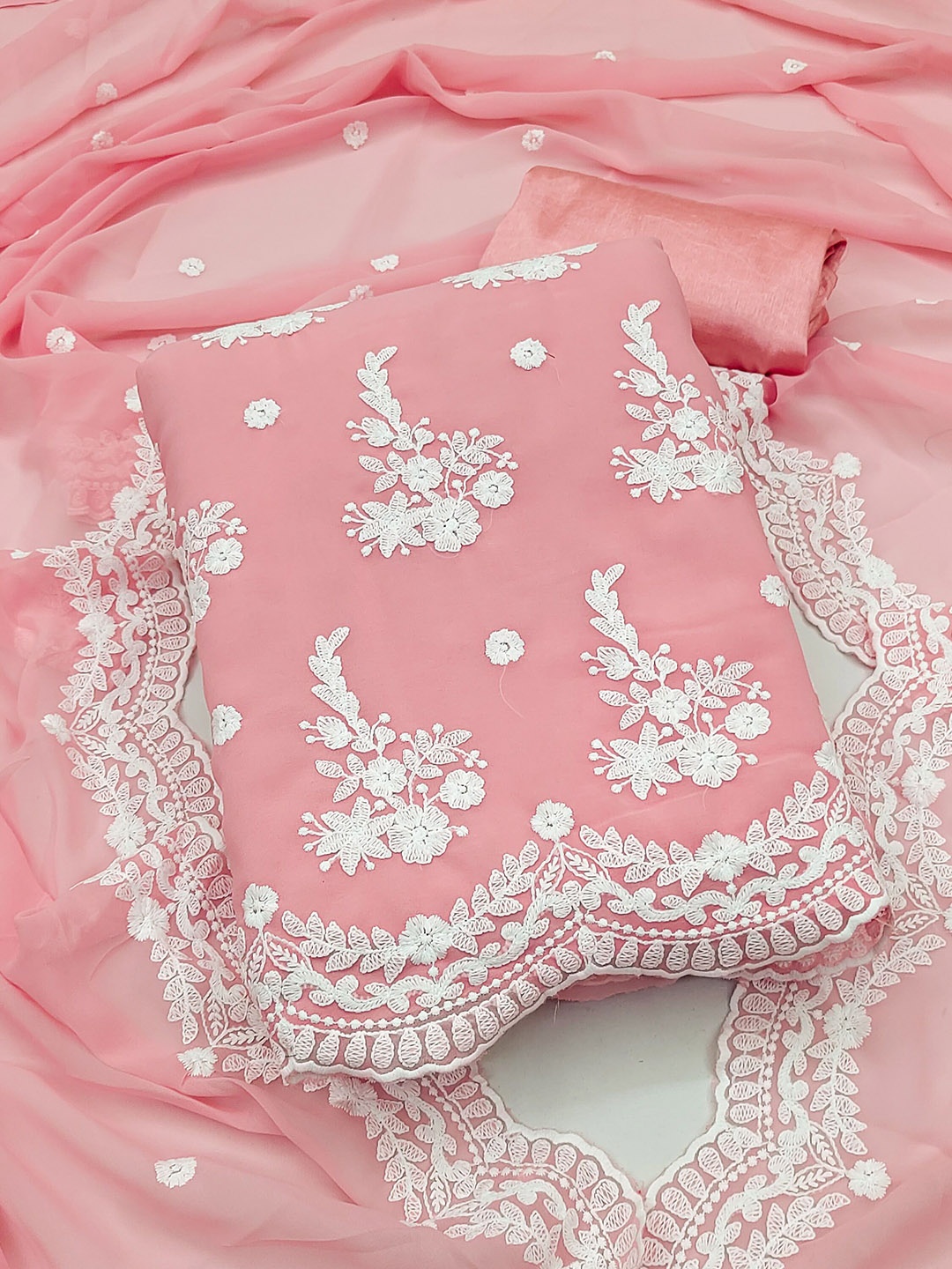 

Ishin Floral Embroidered Zari Unstitched Dress Material, Pink