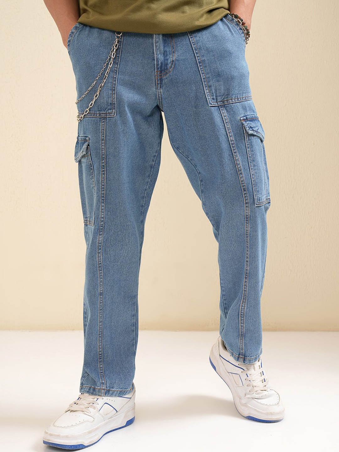 

HIGHLANDER Men Baggy Tapered Fit Cargo Jeans, Blue