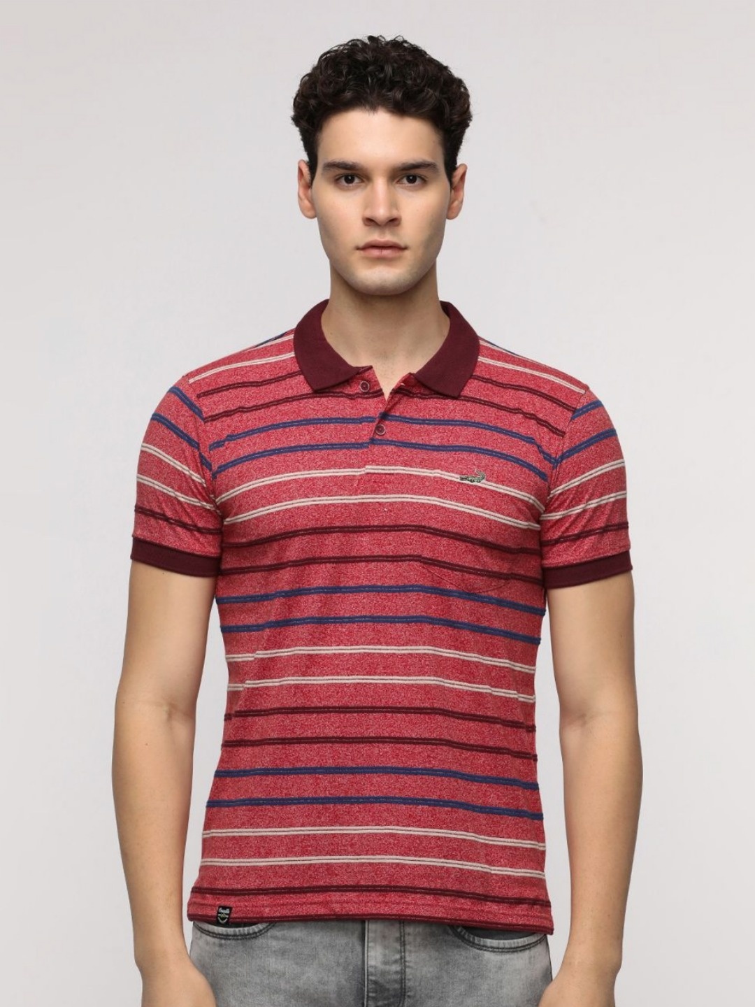

Crocodile Men Striped Polo Collar Cotton Slim Fit T-Shirt, Red
