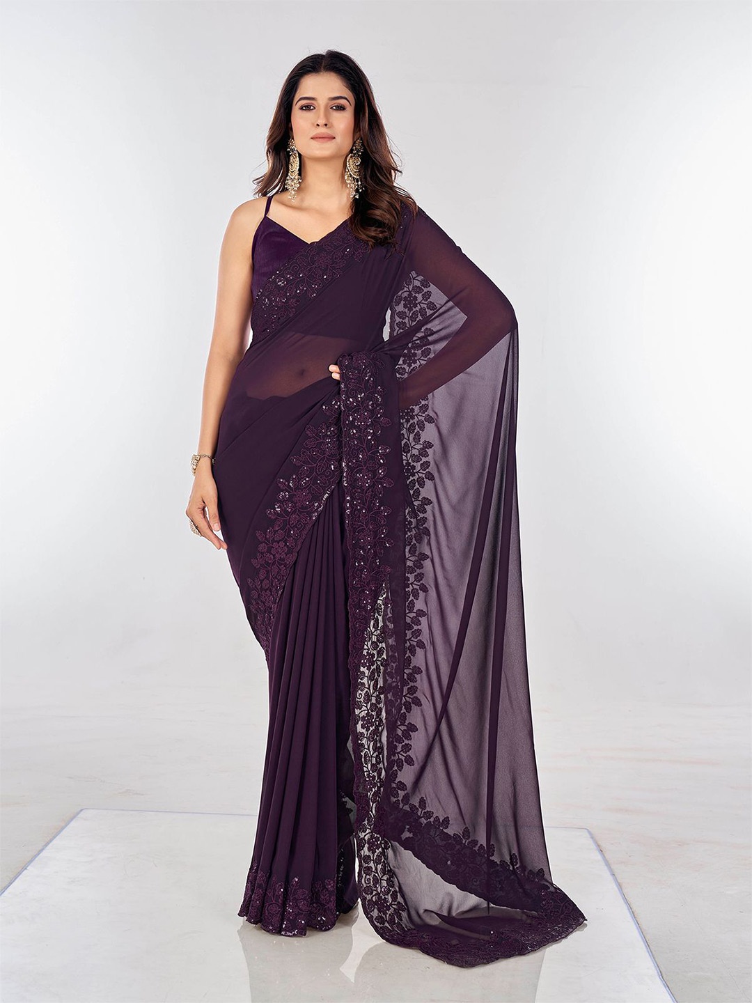 

ODETTE Floral Sequinned Poly Georgette Saree, Purple