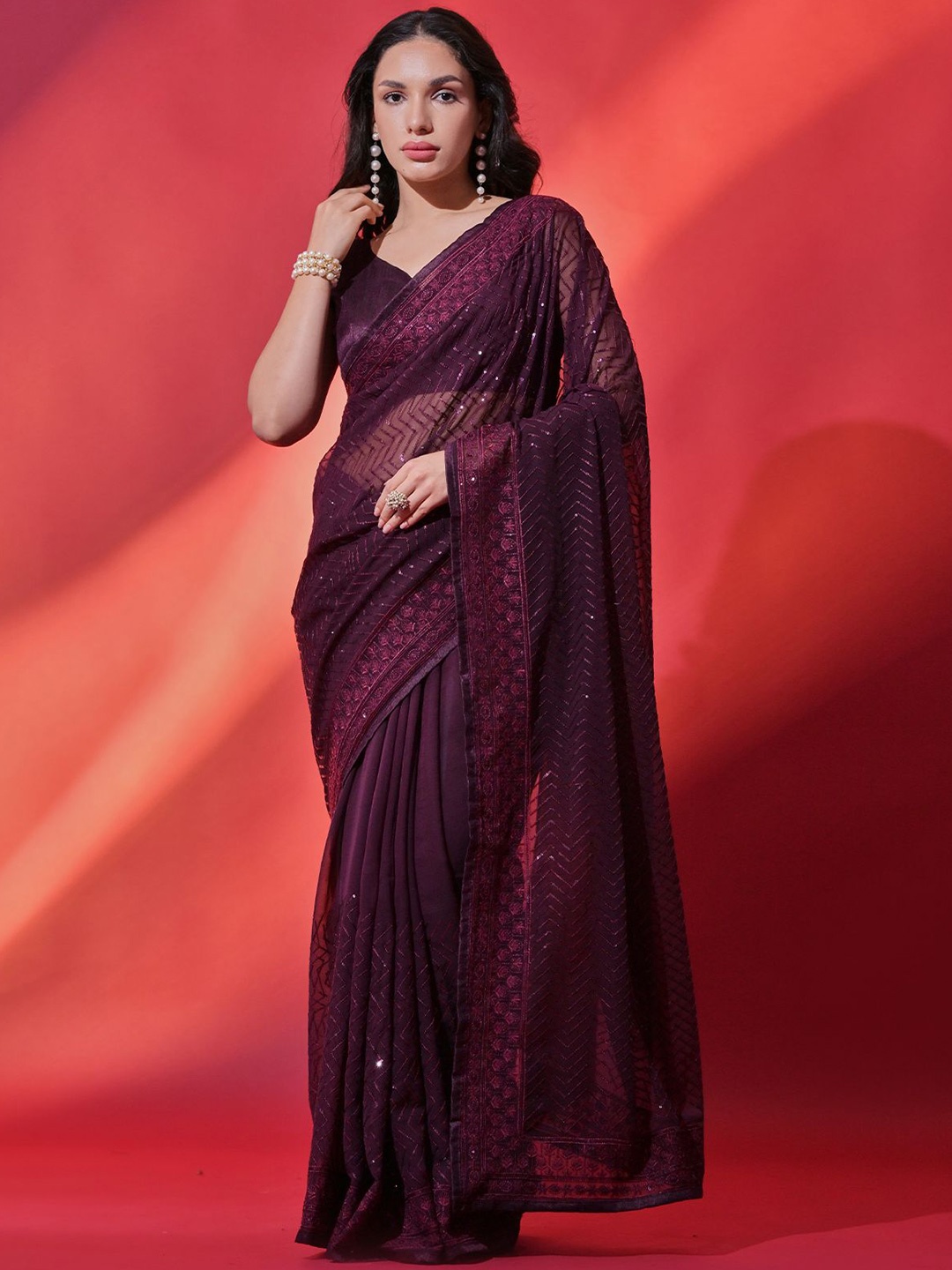 

ODETTE Sequinned Poly Georgette Saree, Purple