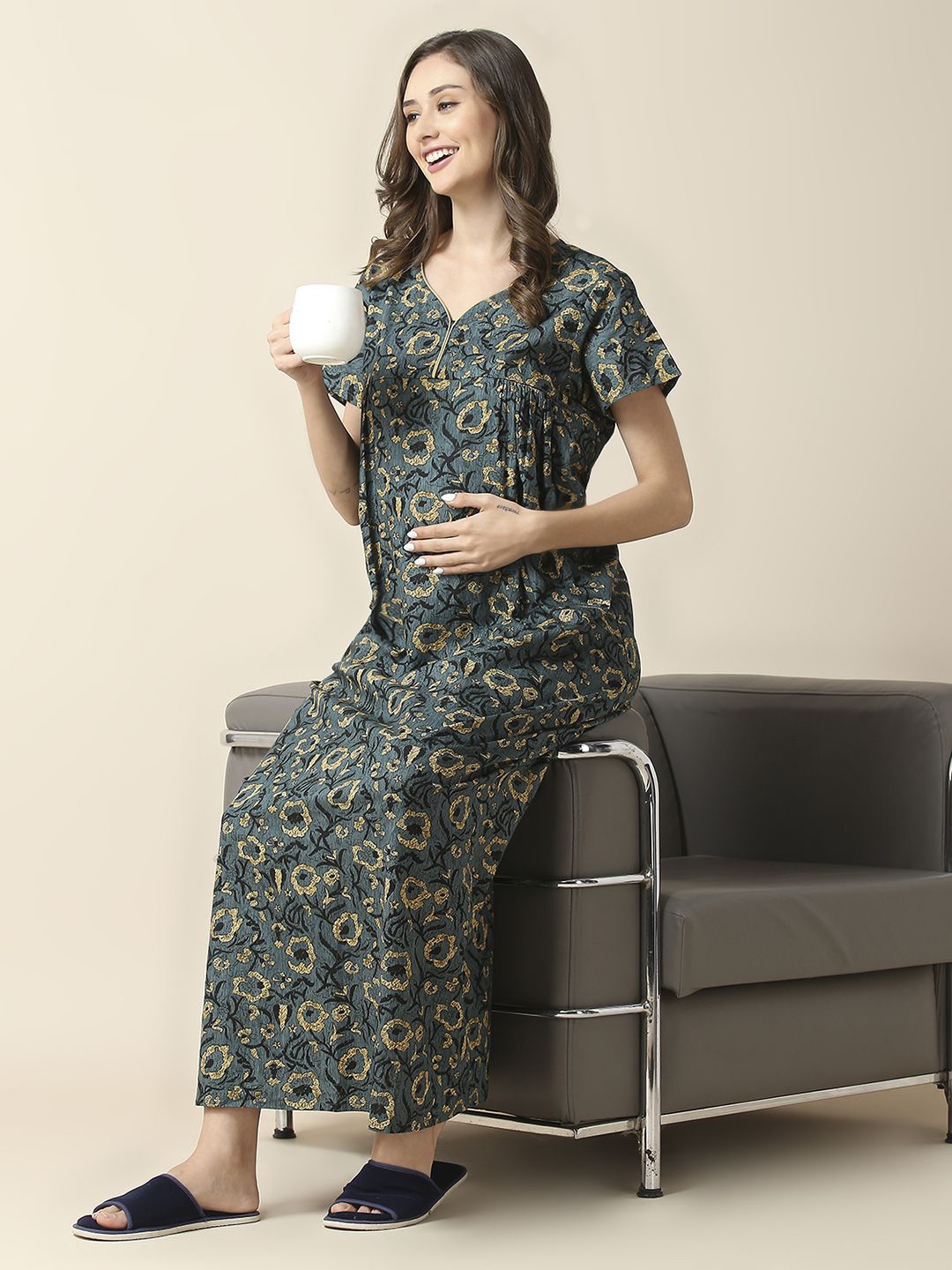 

MomToBe Women Floral Printed Maxi Nightdress, Green