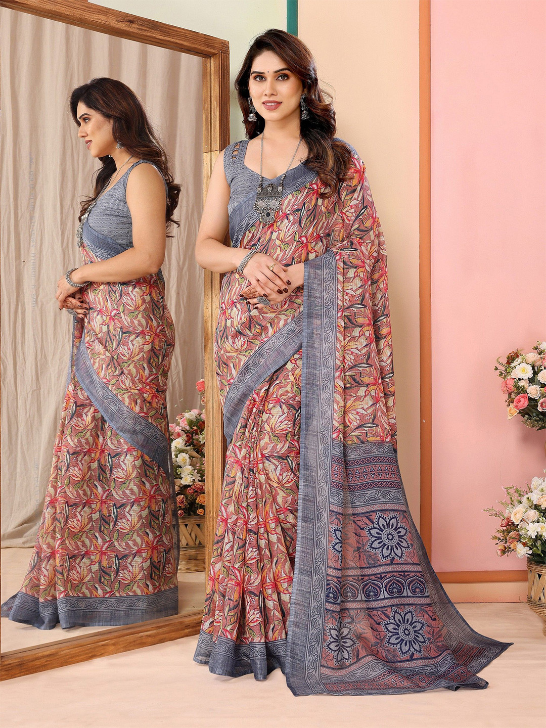 

Reeta Fashion Floral Printed Saree, Grey