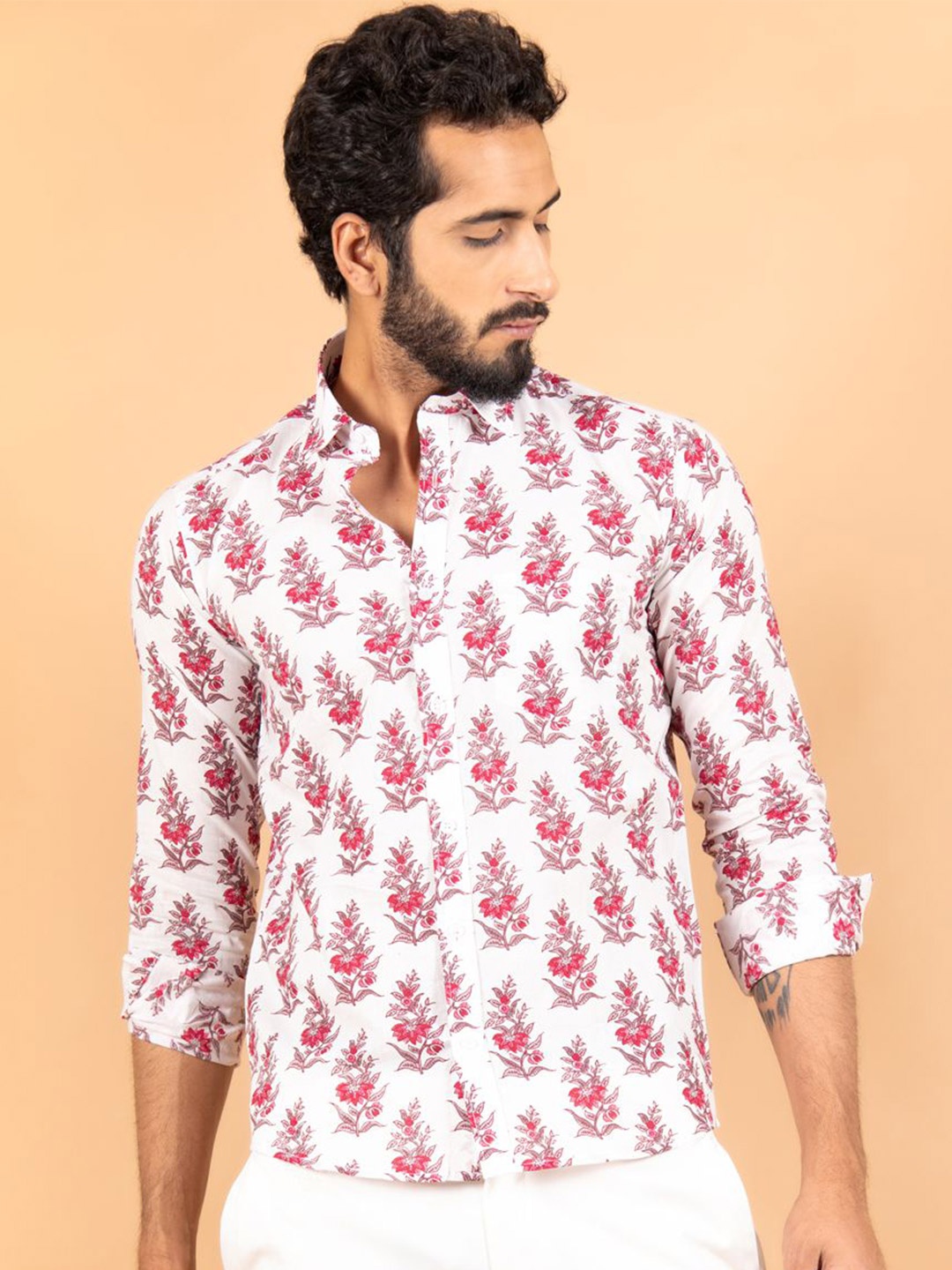 

Tistabene Men Standard Spread Collar Floral Printed Cotton Casual Shirt, White
