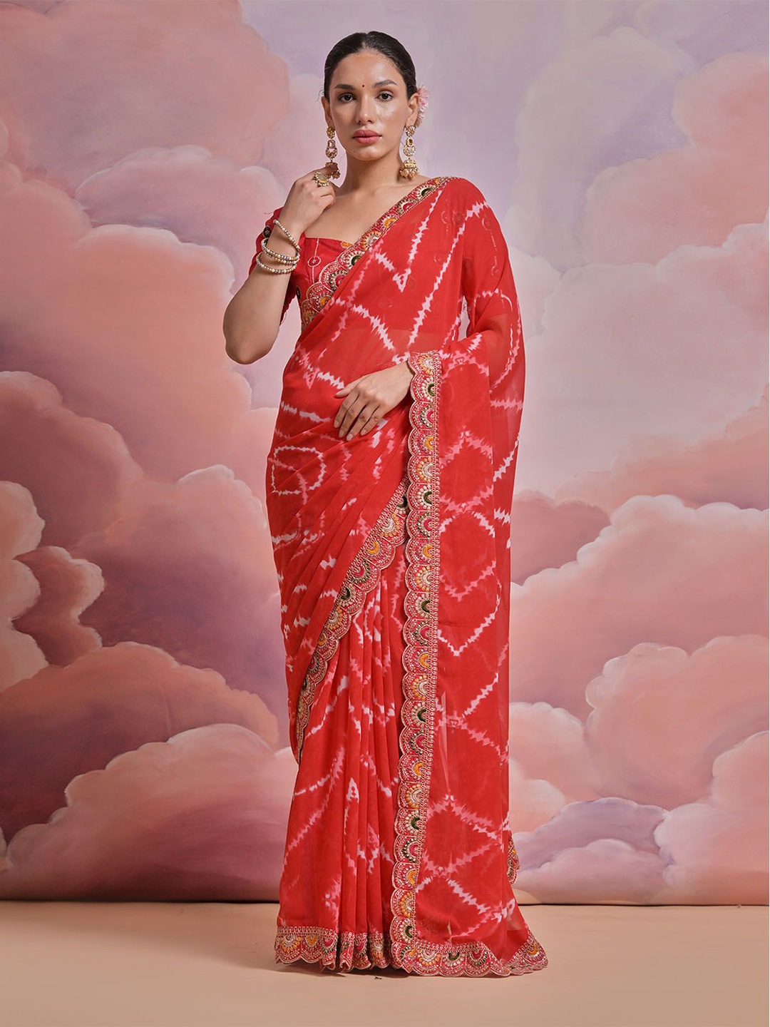 

ODETTE Printed Sequinned Saree With Unstitched Blouse, Red
