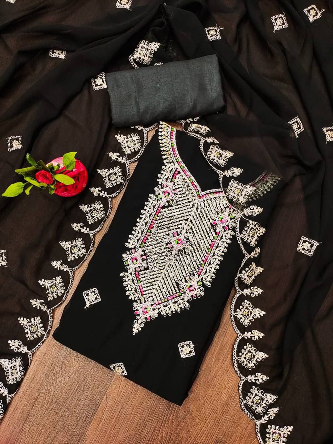 

KRITVA FASHION Geometric Embroidered Semi-Stitched Dress Material, Black