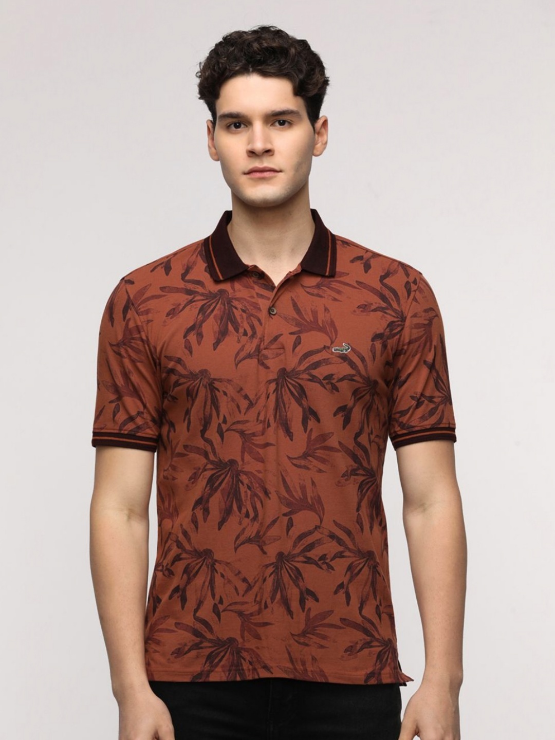 

Crocodile Men Floral Printed Polo Collar Cotton Slim Fit T-Shirt, Brown