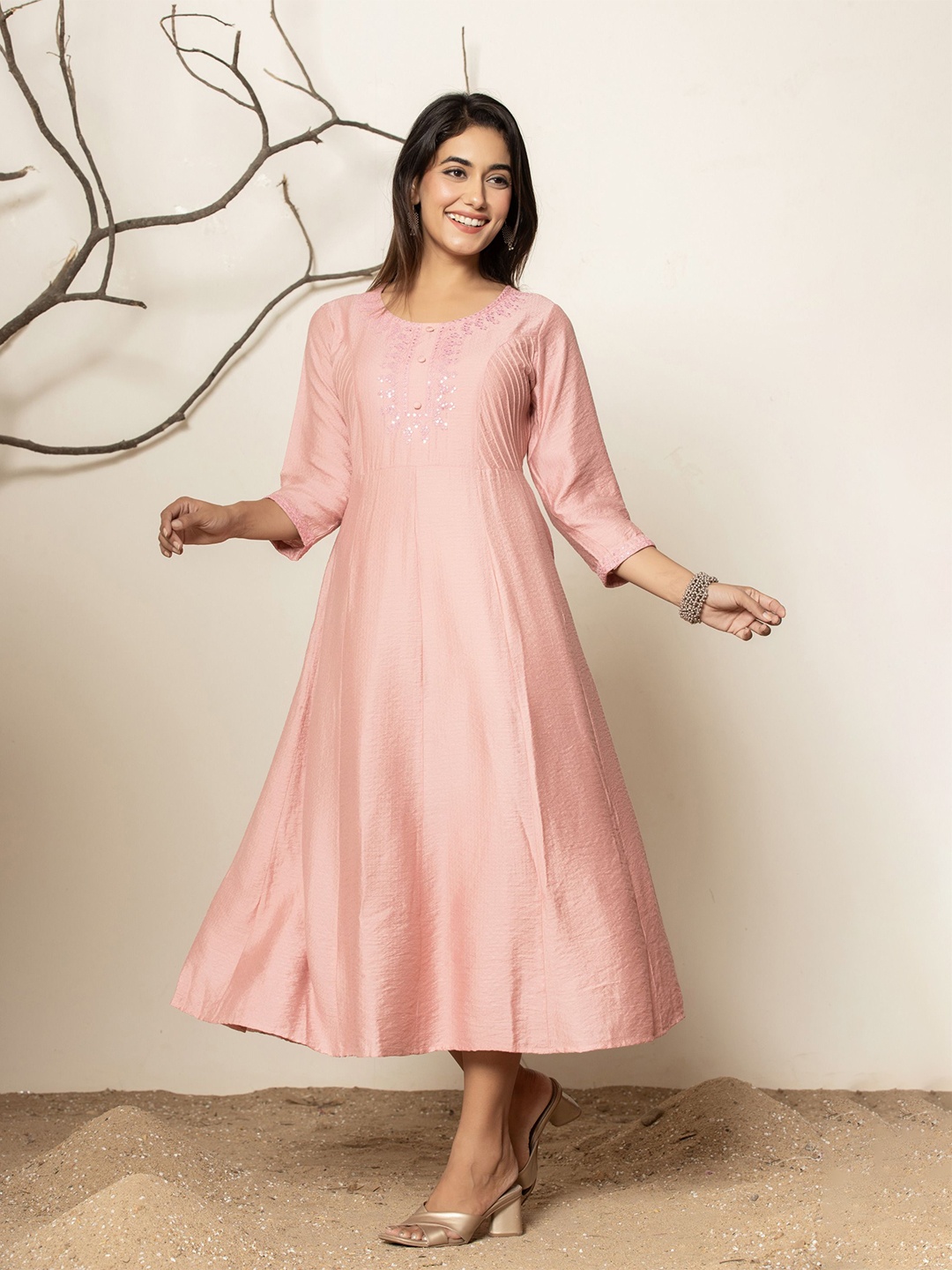 

Rouhab Ethnic Motifs Print Maxi Midi Dress, Pink