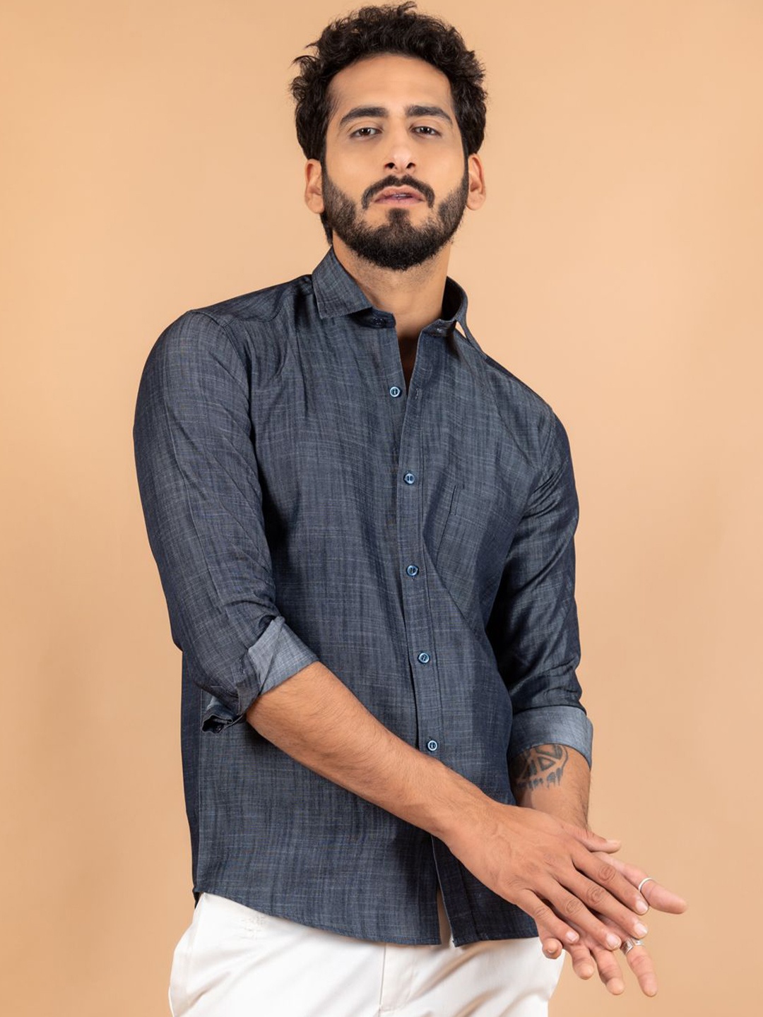 

Tistabene Men Standard Spread Collar Solid Cotton Casual Shirt, Blue