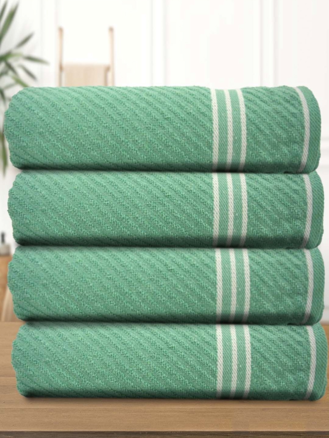 

Aura Athom Living Green & White 4 Pieces Striped 400 GSM Bath Towel
