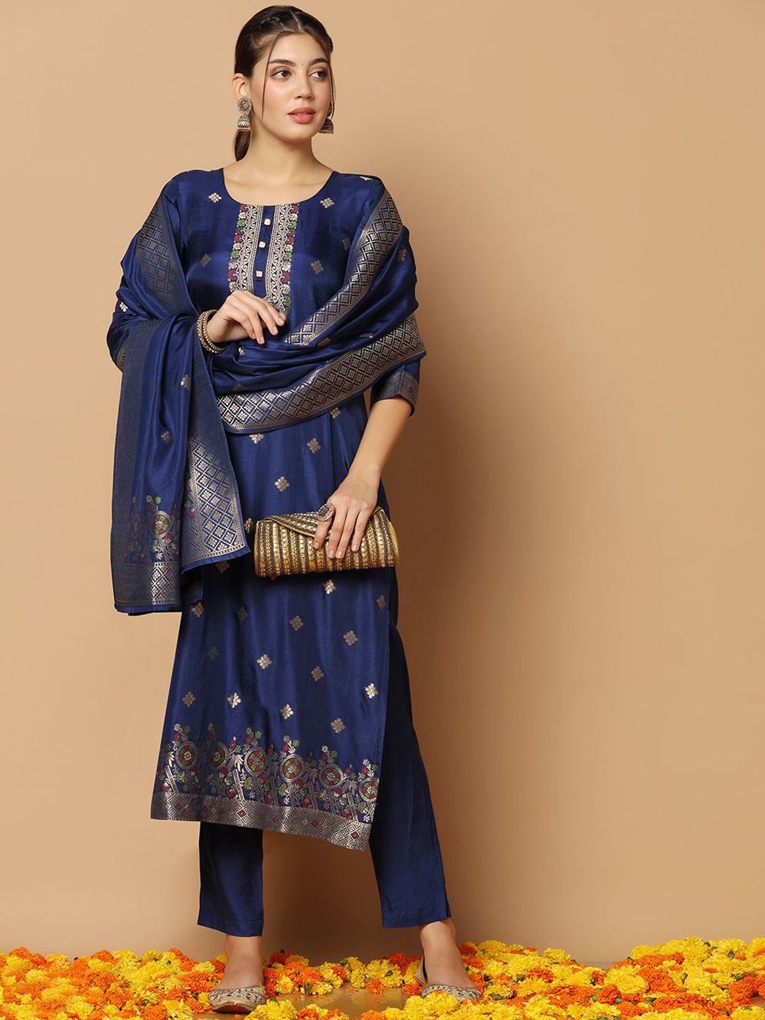 

BAESD Woven Design Regular Straight Kurta with Trousers & Dupatta, Blue