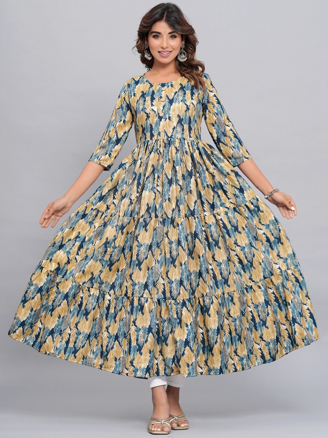 

Amar Palace Chikan Hazratganj Floral Printed Round Neck Empire Anarkali Kurta, Blue