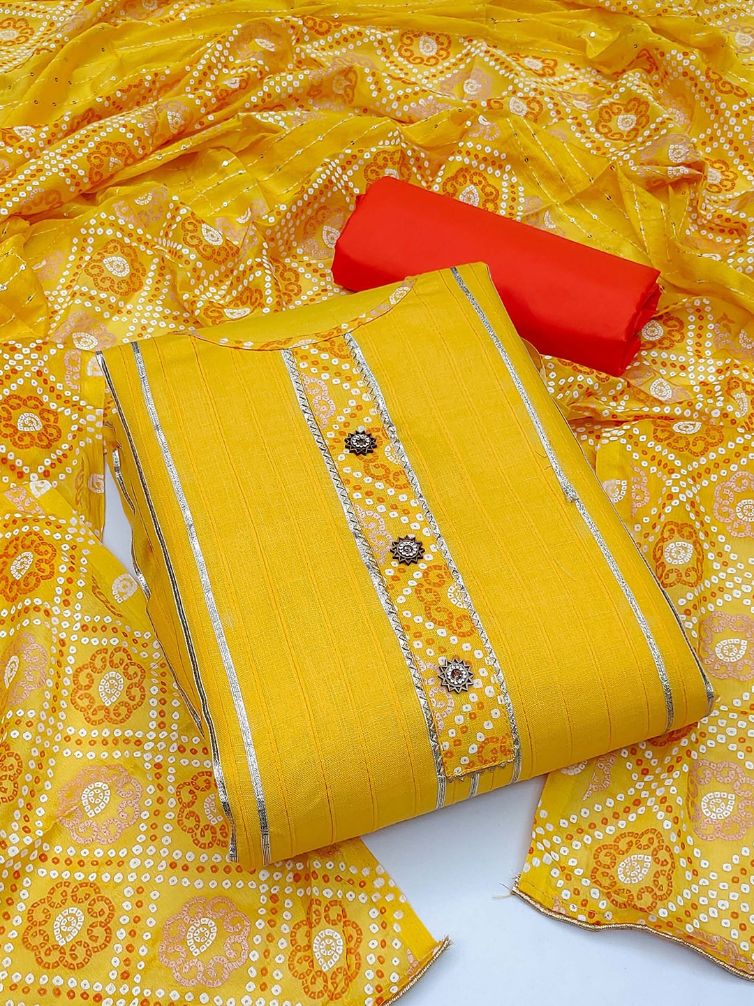 

Ishin Striped Embroidered Gotta Patti Pure Cotton Unstitched Dress Material, Yellow