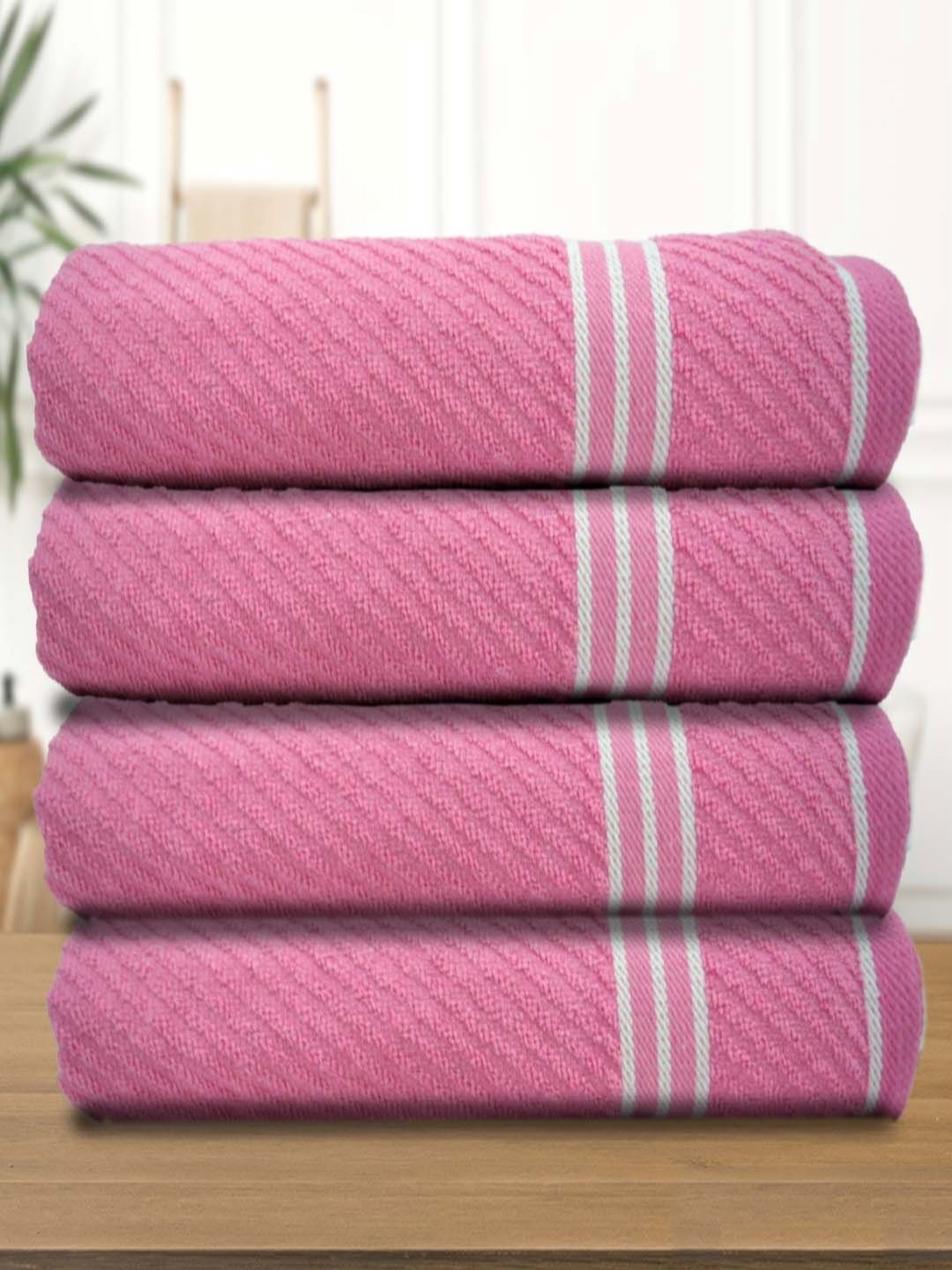 

Aura Athom Living Pink & White 4 Pieces Striped 400 GSM Bath Towel