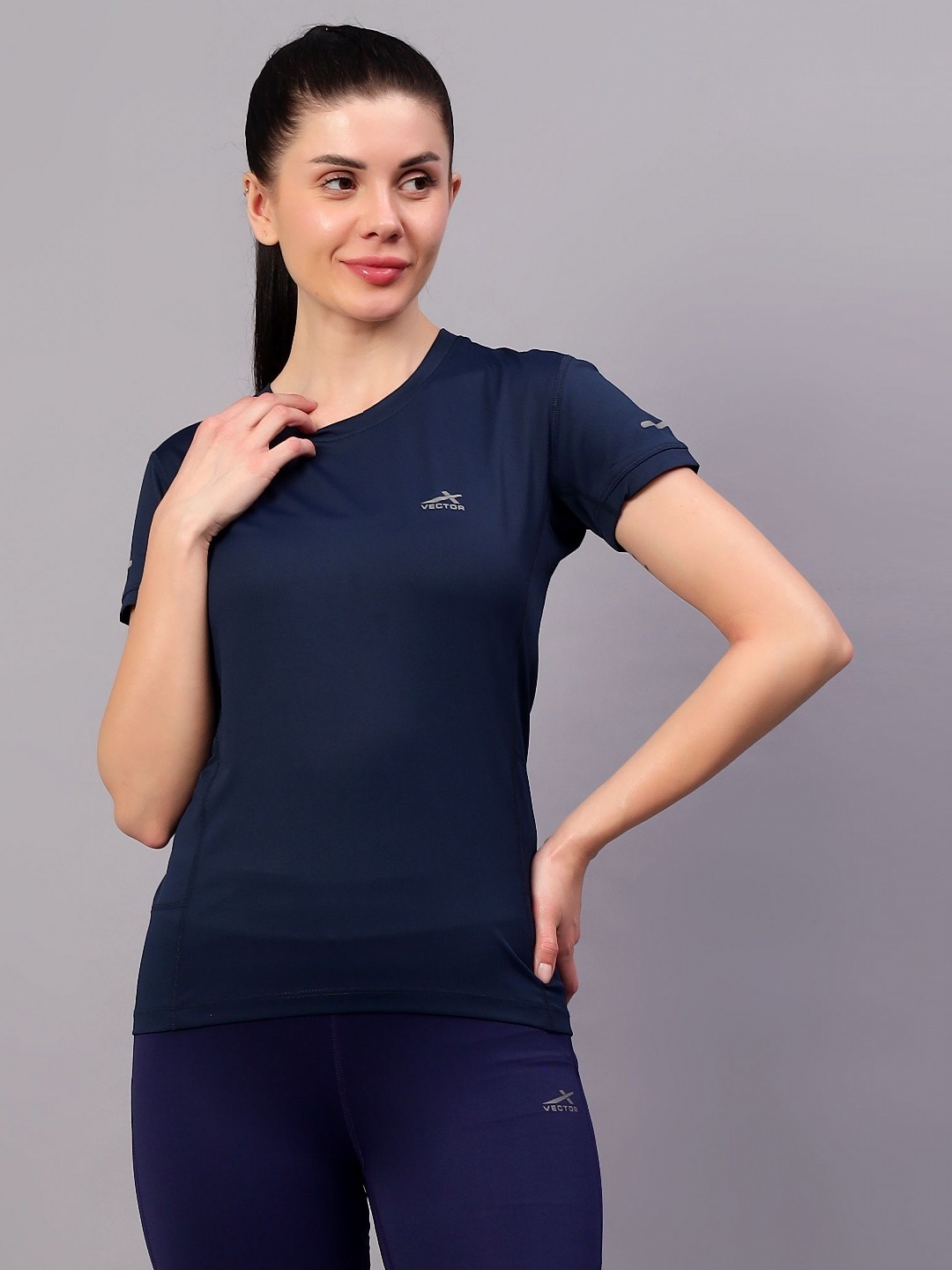 

VECTOR X Women Solid Round Neck T-Shirt, Navy blue