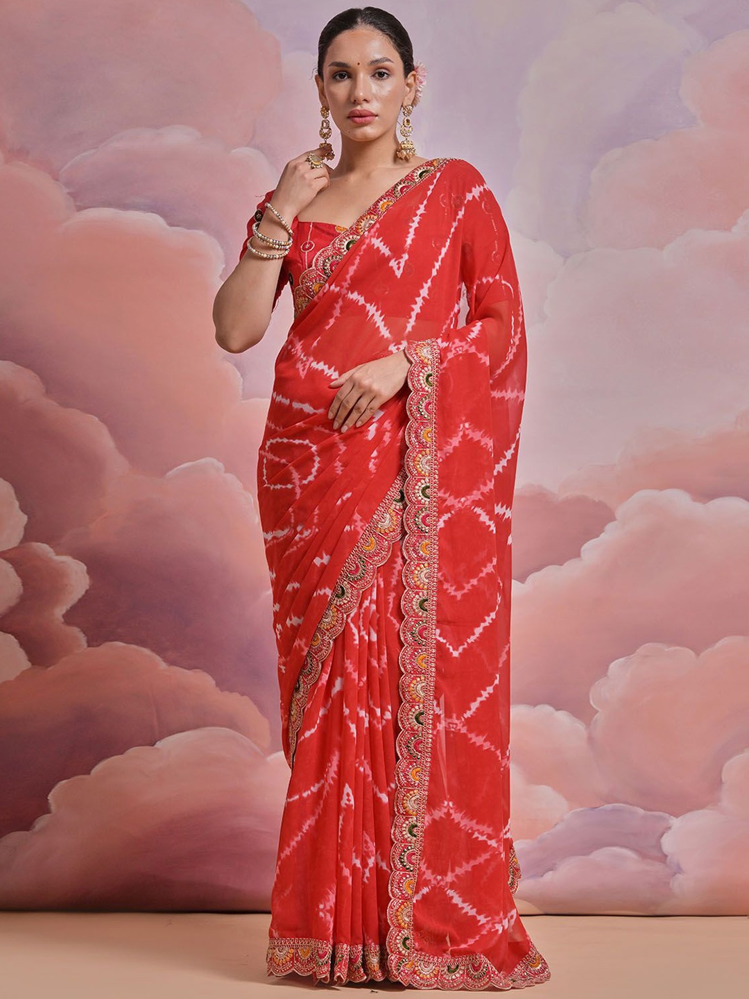

ODETTE Sequinned Poly Georgette Saree, Red