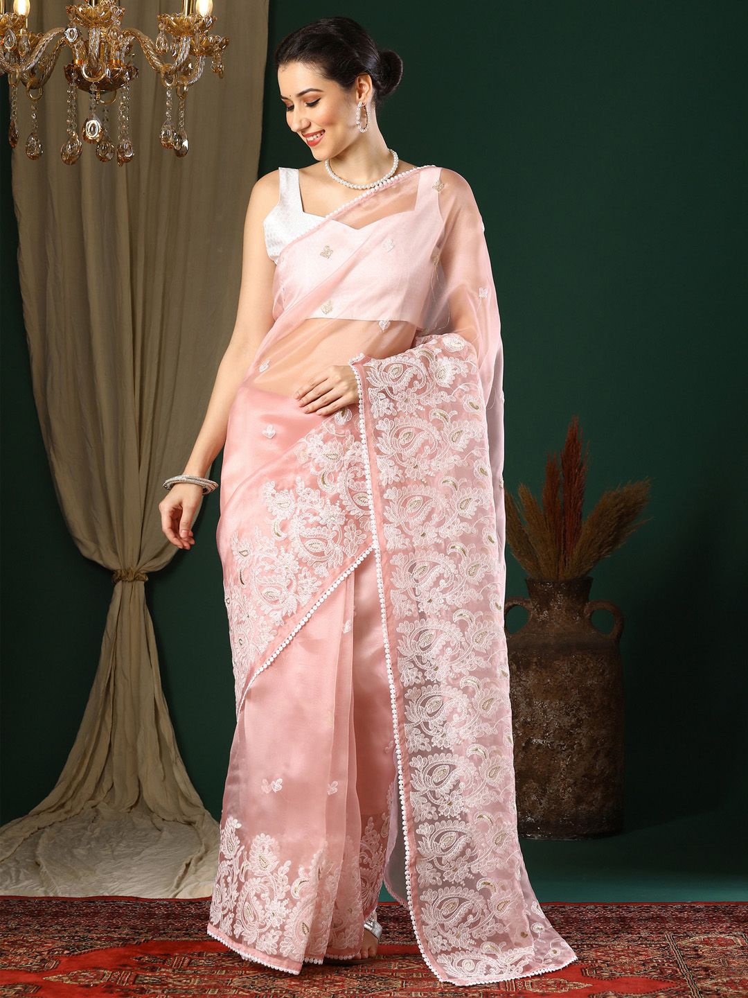 

KALINI Paisley Embroidered Organza Saree, Peach