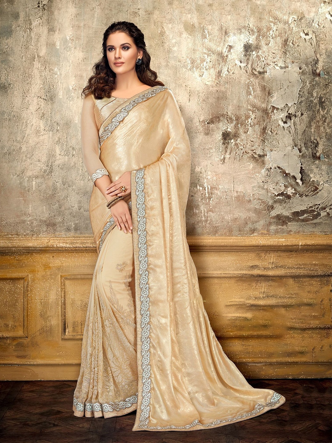 

Nimayaa Embroidered Saree With Zari Embelished Border, Cream