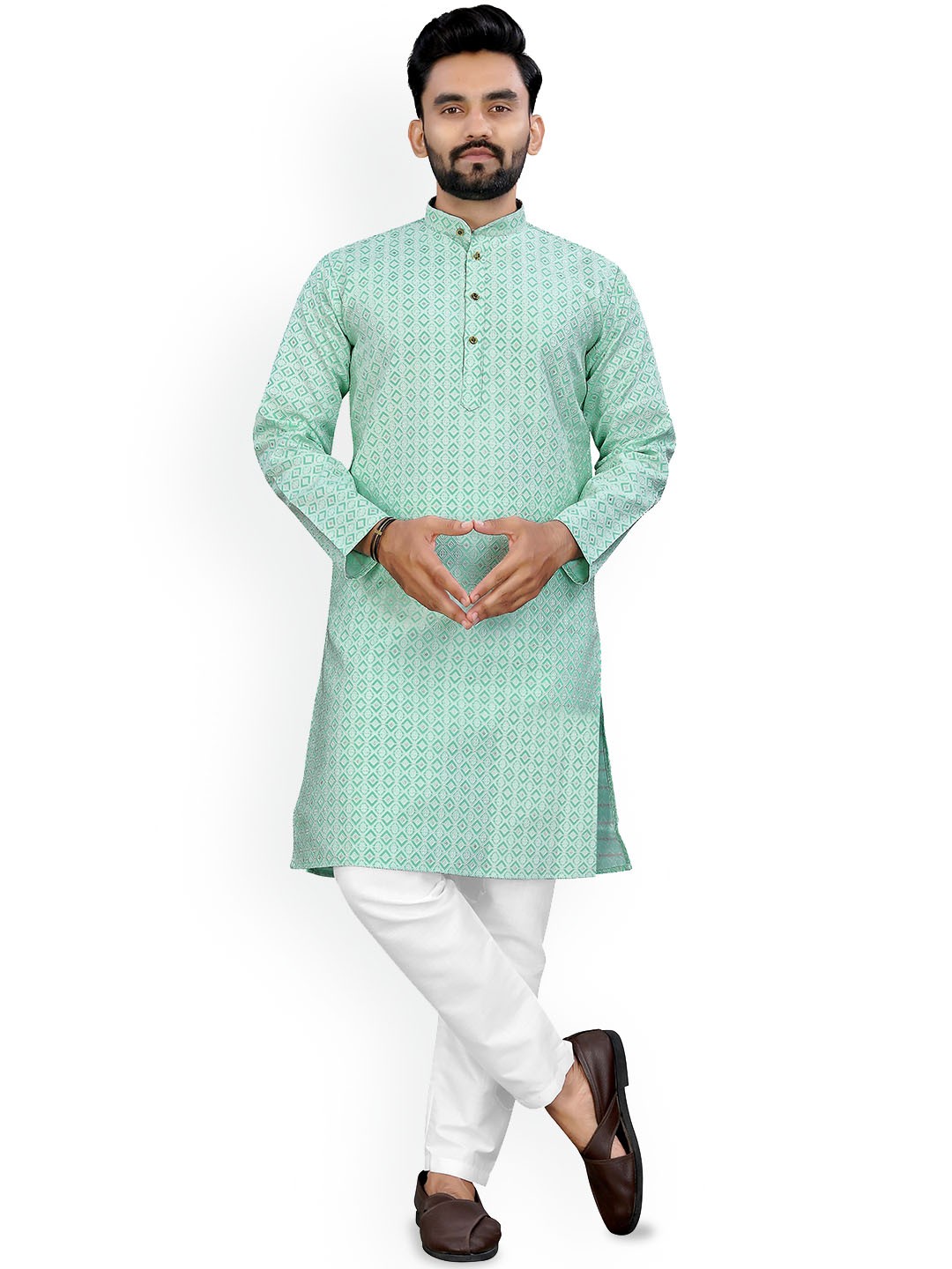 

trustous Geometric Embroidered Straight Kurta with Pyjamas, Sea green