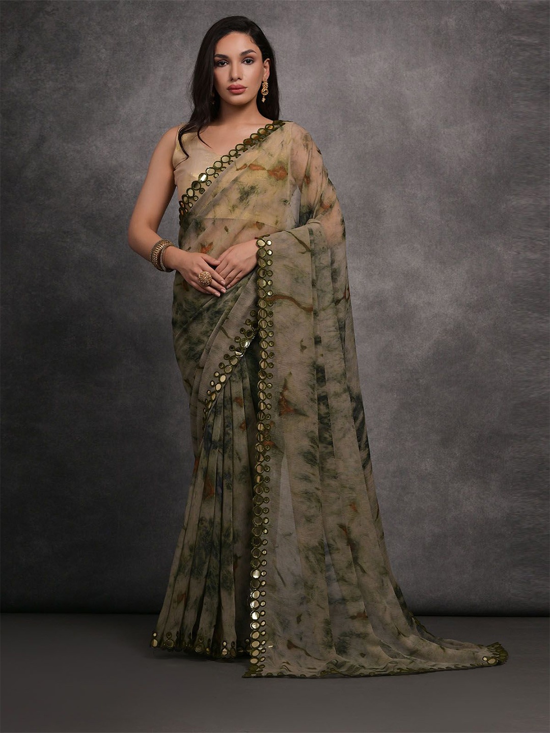 

ODETTE Mirror Work Poly Georgette Saree, Olive