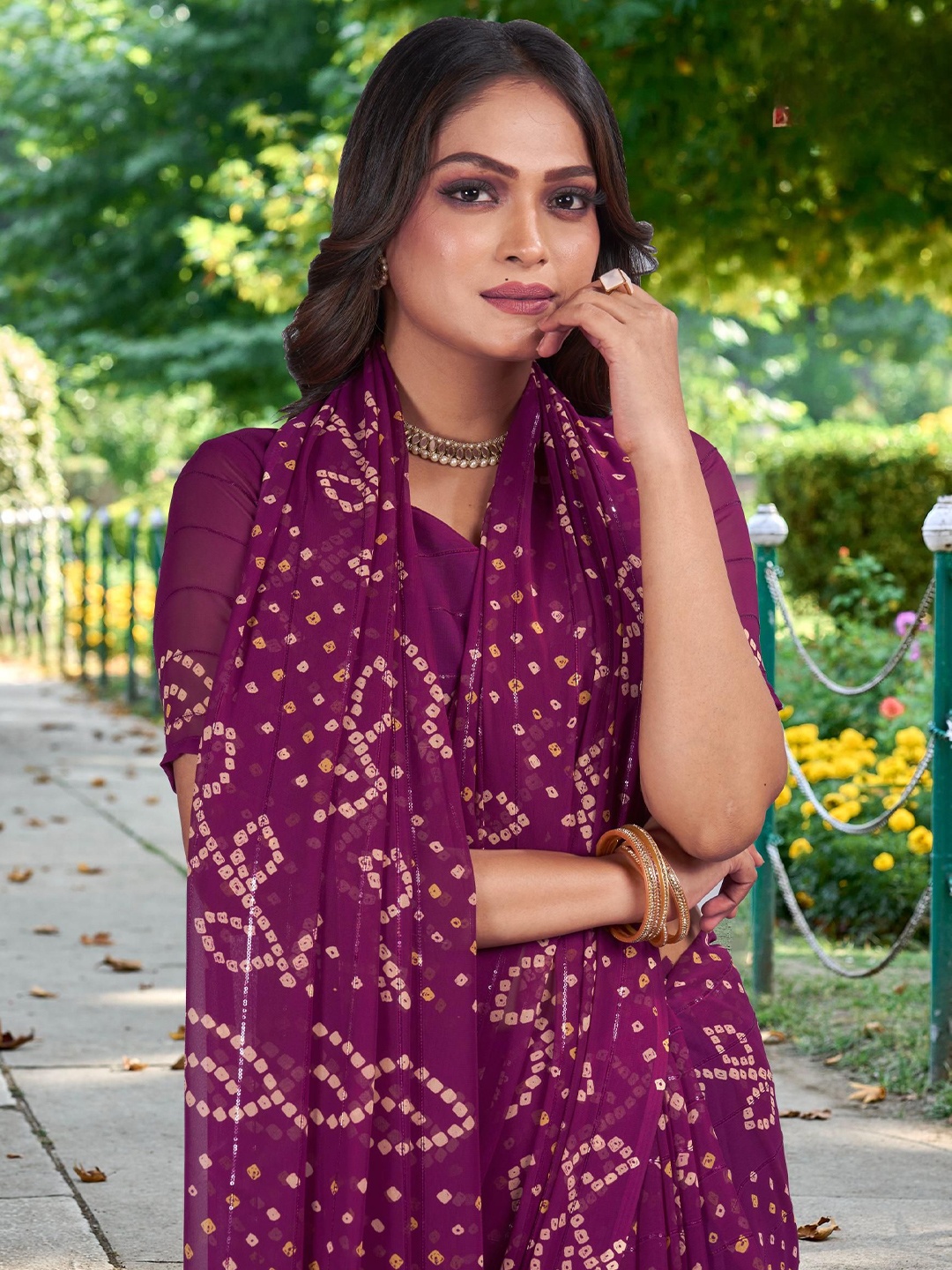 

Mitera Pure Georgette printed Bandhani Saree, Purple