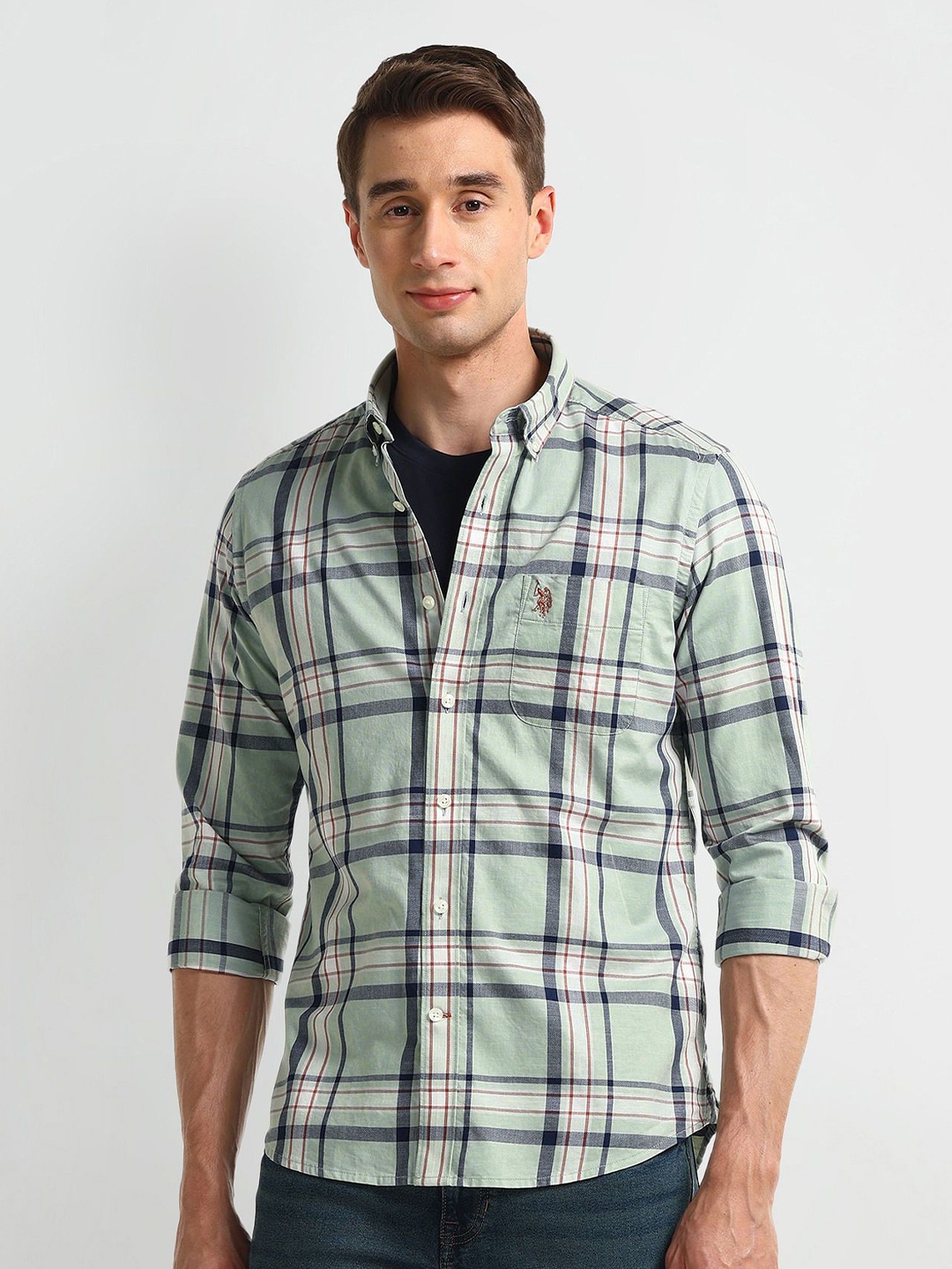 

U.S. Polo Assn. Men Modern Button-Down Collar Tartan Checked Cotton Slim Fit Casual Shirt, Green