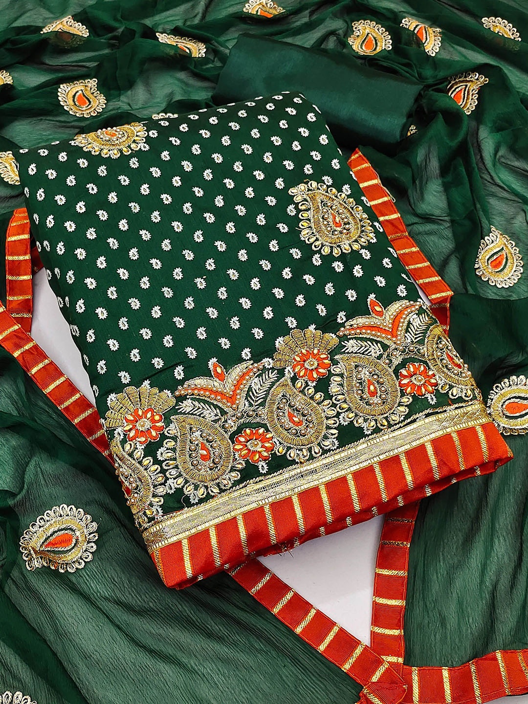 

Ishin Zari Paisley Embroidered Unstitched Dress Material, Green