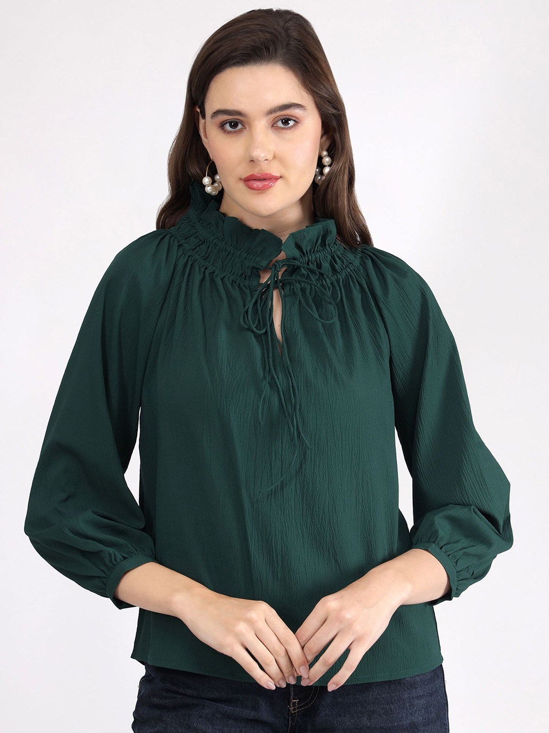 

SALT ATTIRE Tie-Up Neck Puff Sleeve Top, Green