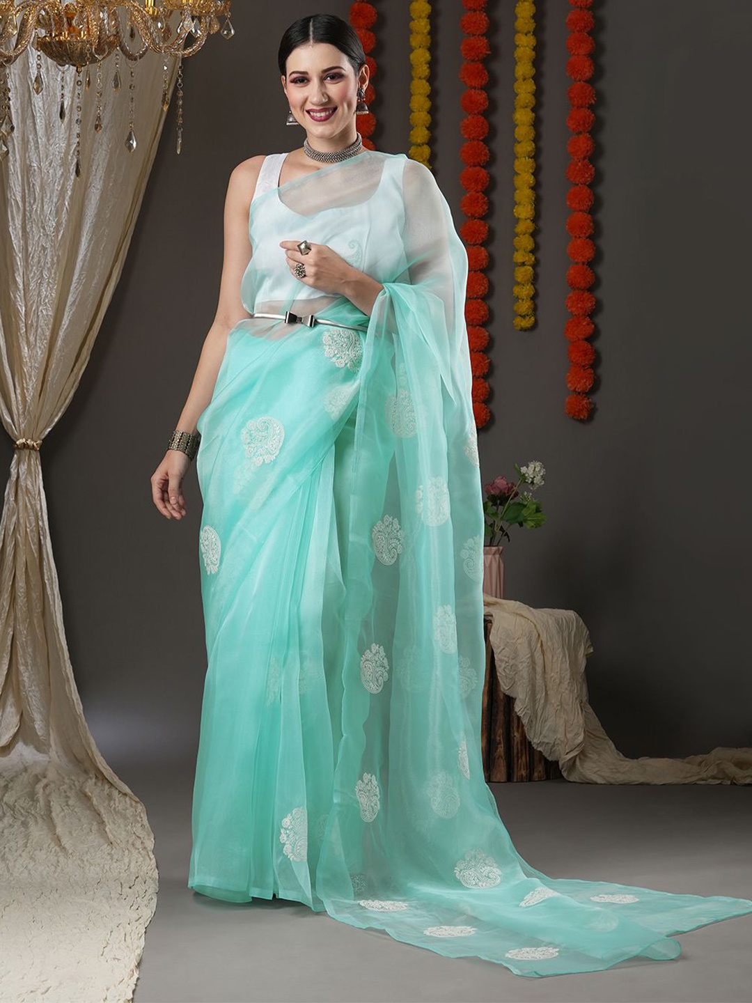 

KALINI Paisley Embroidered Organza Saree, Turquoise blue