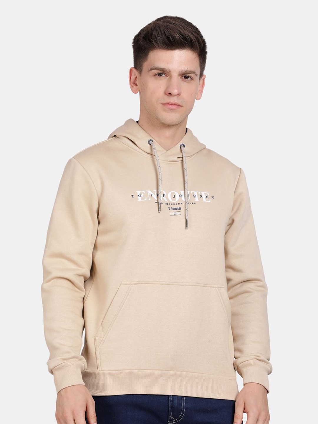 

t-base Men Typography Printed Hooded Sweatshirt, Beige