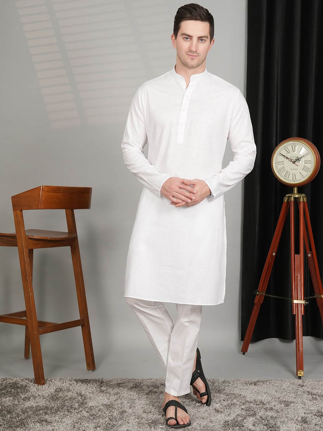 

LA'SCOOT Mandarin Collar Linen Straight Kurta With Pyjama, White