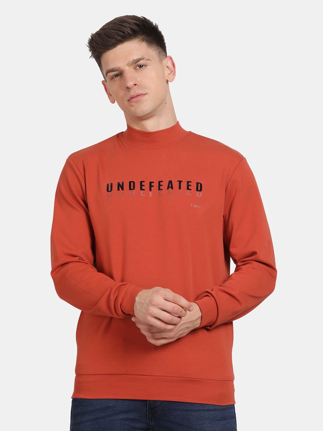 

t-base Men Typography Printed Sweatshirt, Orange