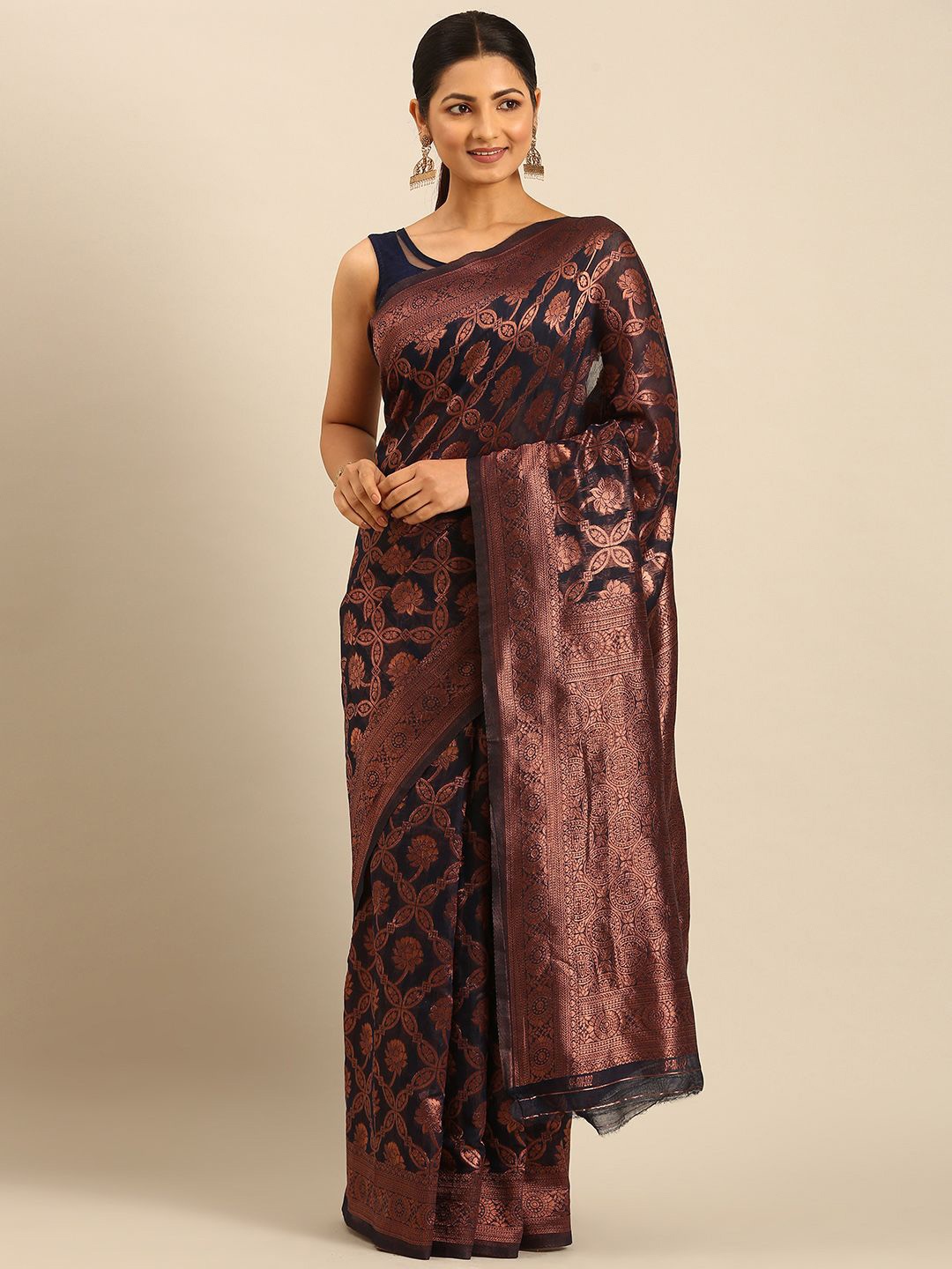 

Fashion Petals Women Woven Design Saree, Navy blue