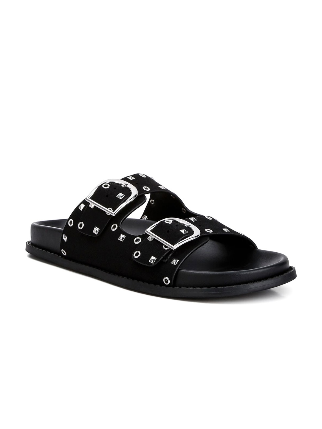 

London Rag Women Embellished Open Toe Flats with Buckles, Black