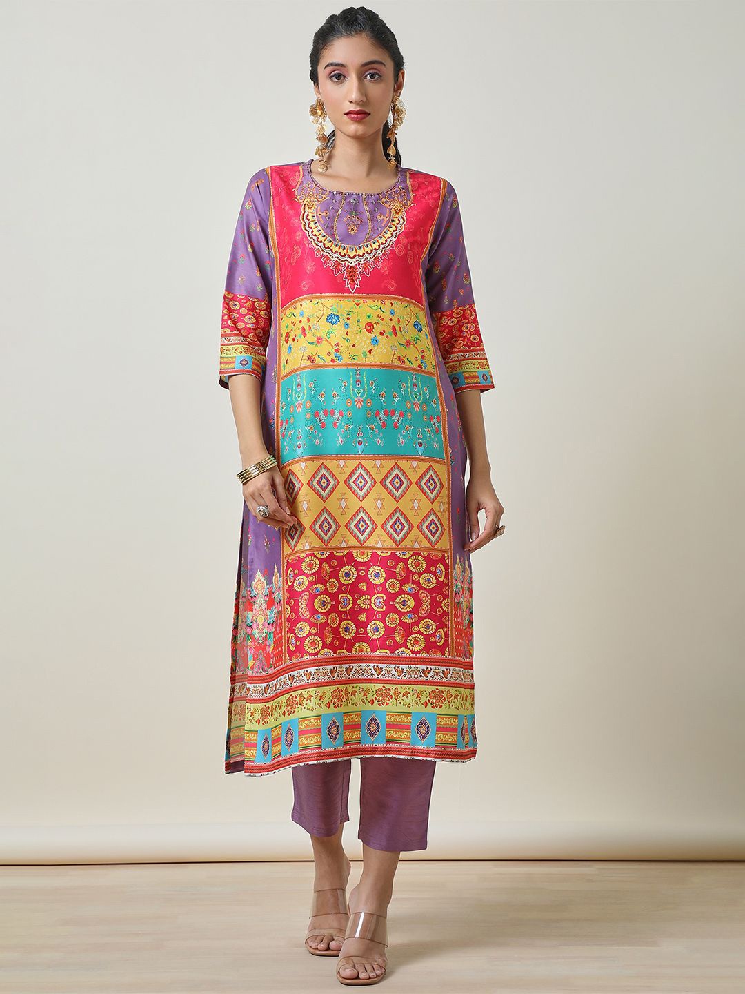

Soch Ethnic Motifs Printed Sequinned Regular A Line Kurta with Trousers, Purple