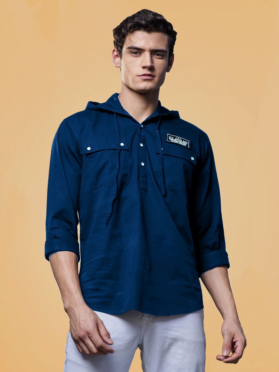 

HAMPTONS Pure Cotton Hooded Casual Shirt, Blue