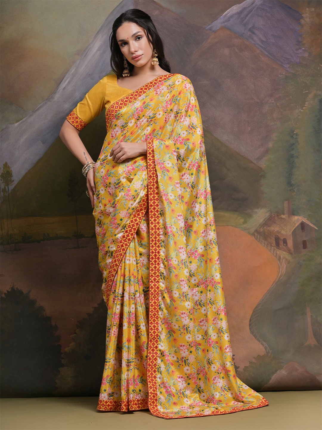 

ODETTE Floral Mirror Work Poly Chiffon Saree, Yellow