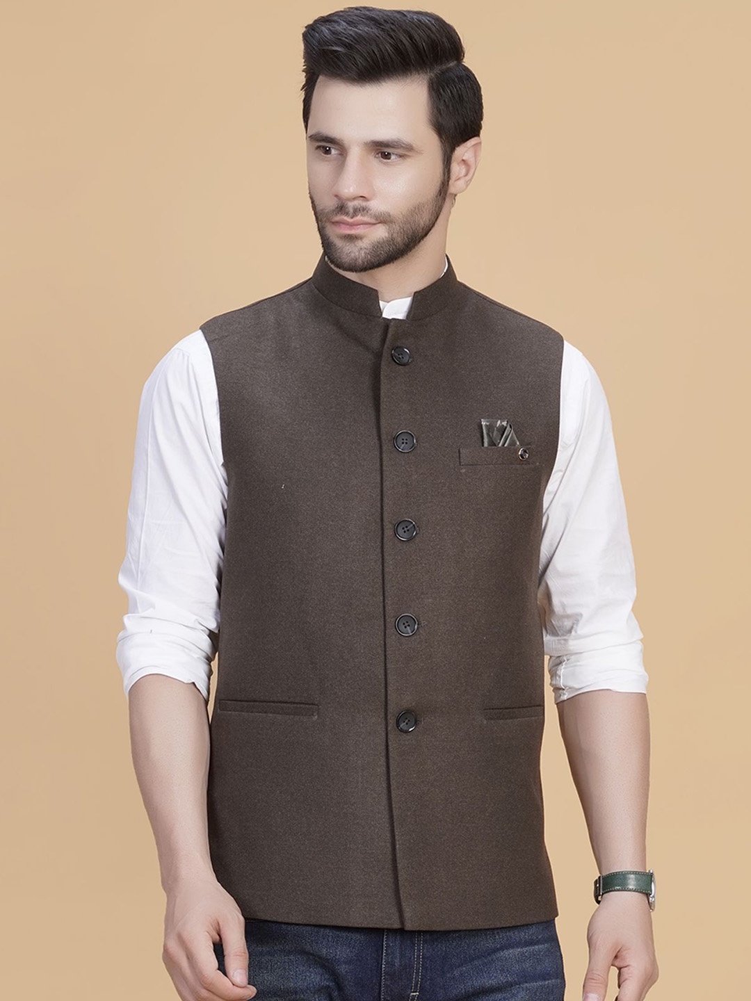 

LA'SCOOT Mandarin Collar Nehru Jacket, Brown